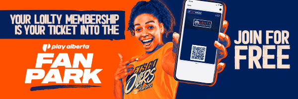 Graphic promoting the "Fan Park" event, featuring a smiling woman holding a smartphone displaying a QR code. The text reads, "YOUR LOYALTY MEMBERSHIP IS YOUR TICKET INTO THE FAN PARK" and "JOIN FOR FREE," along with the logo for Play Alberta. The overall color scheme is orange and blue, reflecting team branding.